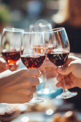 Wine Elegance: Close Examination of Glasses Raised in a Joyful Group Celebration