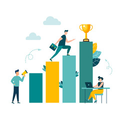 Businessmen move up the ladder to the goal in the form of a gold cup, career planning, the path to the goal. Vector illustration isolated background. motivation