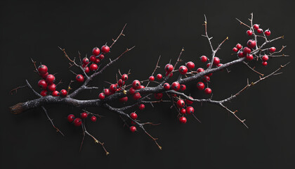 A long branch of blackthorn with thorns and berries, hyper realistic photography,
