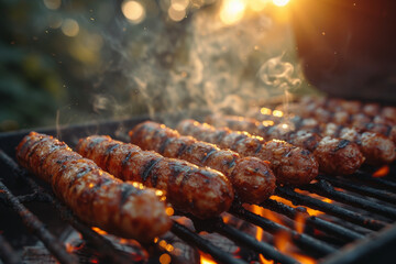 Juicy sausages cooking on an open flame barbecue grill, with a smoky aroma, highlighted by the golden hour sunlight - obrazy, fototapety, plakaty