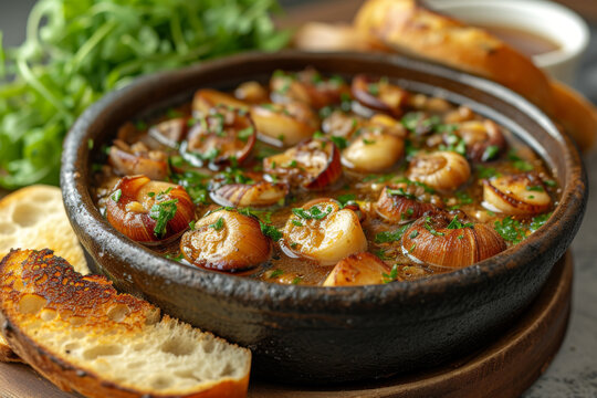 traditional escargot dish, served in a sizzling pan with garlic herb butter, accompanied by fresh parsley and toasted bread