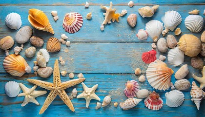 Fototapeta na wymiar Beach scene concept with different sea shells and starfish on blue wooden background.