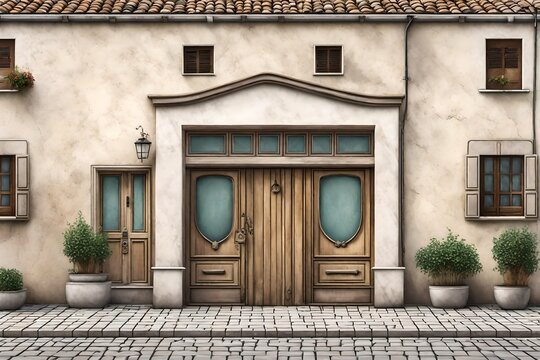 Fototapeta old building facade from european village , ancient storefront