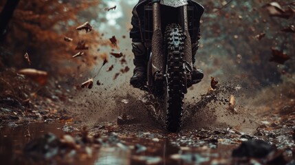 Motocross. Man, professional motorcyclist in full moto equipment riding crops enduro bike on mountain road at sunset. Generative AI. Concept of motosport, speed, hobby, journey, activity. In action - obrazy, fototapety, plakaty