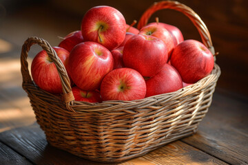 rustic woven basket filled with ripe red apples on a wooden surface, evoking a sense of harvest and natural goodness