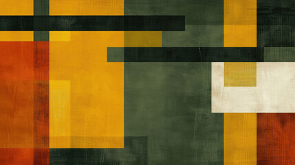 Fototapeta premium Abstract background in trendy Bauhaus style, combining ocher yellow, moss green and mahogany brown with dynamic, intersecting striped shapes