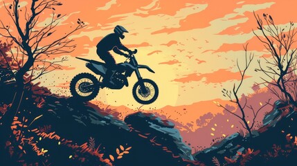 Motocross. Man, professional motorcyclist in full moto equipment riding crops enduro bike on mountain road at sunset. Generative AI. Concept of motosport, speed, hobby, journey, activity. In action