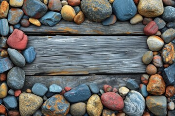 Weathered Wooden Planks Framed by Multicolored Stones in a Rustic Setting