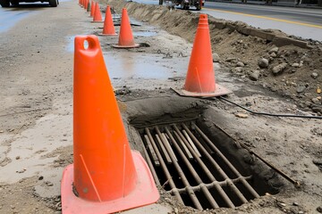 orange safety cones mark a storm drain under construction - obrazy, fototapety, plakaty