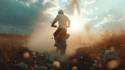 Motocross. Man, professional motorcyclist in full moto equipment riding crops enduro bike on mountain road at sunset. Generative AI. Concept of motosport, speed, hobby, journey, activity. In action