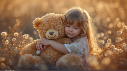 A tender moment unfolds as a child embraces a bear, a hug filled with warmth and innocence. In this simple gesture, love and comfort intertwine, creating a timeless connection that speaks volumes in t
