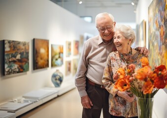 Elderly couple celebrates their wedding anniversary with joy and romance, sharing a tender moment while exploring a photography exhibition, a testament to their enduring love and cherished years