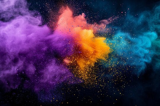 Holi paint powder explosion of purple, yellow, and green on black background. Mardi Gras colors. Abstract wide format banner. AI Generated