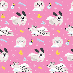 Seamless vector pattern with dog pet grooming. Caring about pet. Dalmatian and Pomeranian spitz. Dog washing and barber service. Flat style