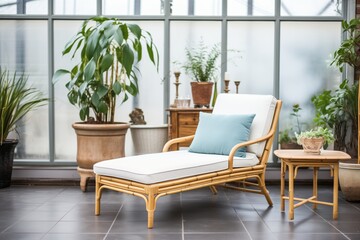 vintage bamboo chaise lounge in a conservatory setting