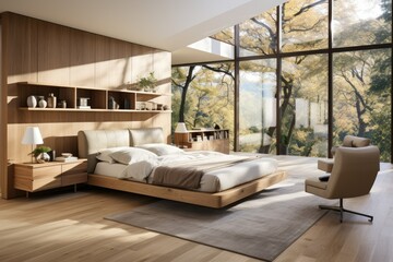 Rustic interior design of modern living room, grey minimalist, wooden floor, Home Nordic interior, beautiful wooden decor, bedroom, scenic, natural, 3D interior, futuristic idea