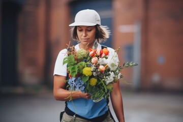 floral arranger incorporating urban debris in a bouquet - obrazy, fototapety, plakaty
