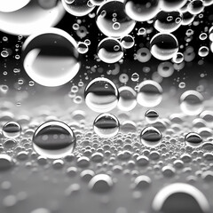 monochrome bubbles sparkling in water, air bubbles breaking away from the bottom, B&W bubbles of different sizes, closeup grey air balls in water 
