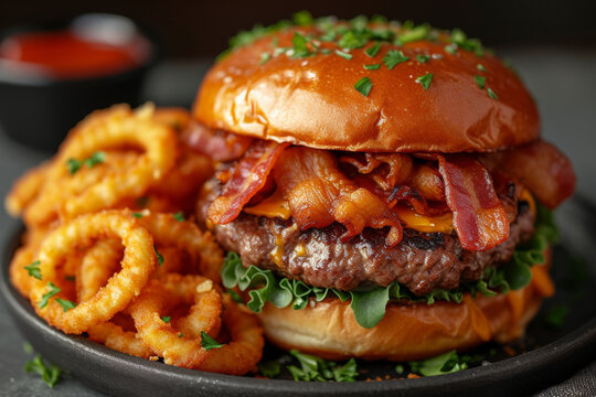 gourmet bacon cheeseburger with melted cheese and curly fries, served on a black plate