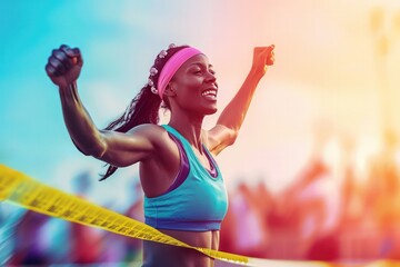 Joyful African American female runner celebrating victory at marathon finish line with a bright sky