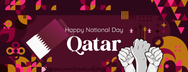 Qatar National Day banner in colorful modern geometric style. Qatar national independence day greeting card cover with typography. Vector illustration for national holiday celebration party