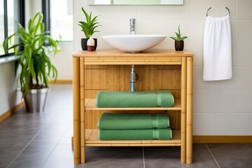 bamboo bathroom vanity with green towels folded on it