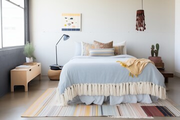 Fototapeta na wymiar a bedspread with fringe edges on a platform bed