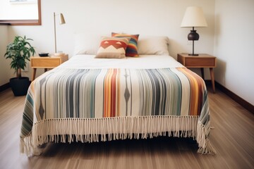 a bedspread with fringe edges on a platform bed - obrazy, fototapety, plakaty