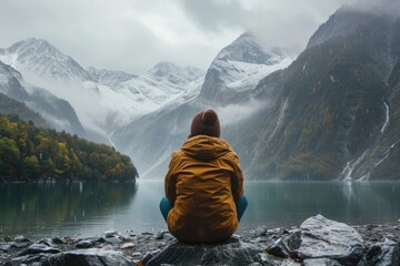 Person in Yellow Jacket Sitting by Mountain Lake. A solitary figure in a yellow jacket sits by a serene mountain lake, contemplating the snow-capped peaks and autumnal forest.

