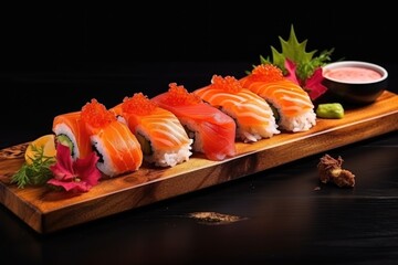 Variety of sushi delicacies on a wooden board.