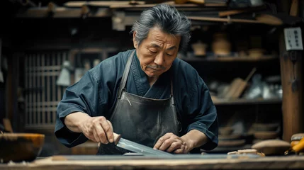 Fotobehang Crafting a sword is an art of precision and passion. Each strike of the hammer, every meticulous detail forged with dedication, transforms raw metal into a masterpiece. © Shunia