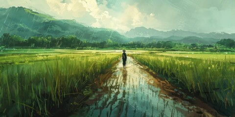 Person Walking in Field Painting