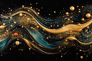 Abstract futuristic background with gold and black wave shapes. Visualization of motion waves. Wallpaper or backdrop for modern projects