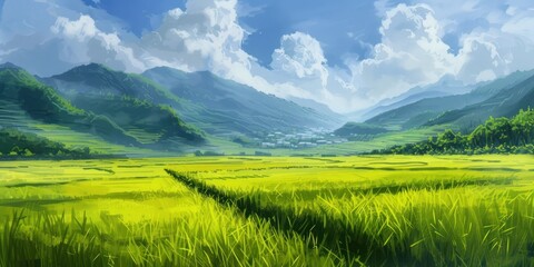 Obraz premium Painting of Green Field With Mountains in Background