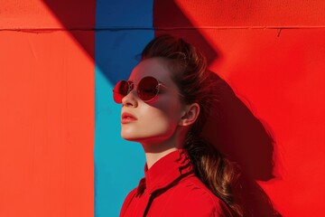 Fashionable Woman in Red with Geometric Shadows
