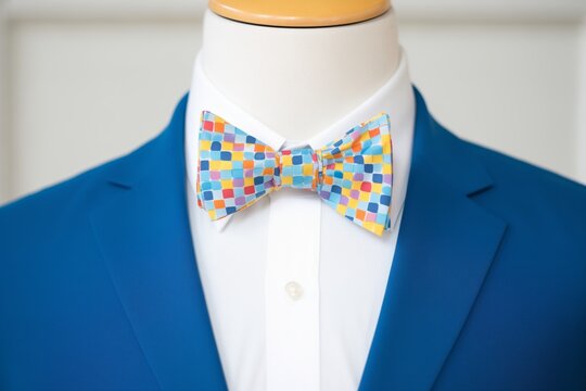 blue bow tie paired with a coordinating pocket square on a mannequin