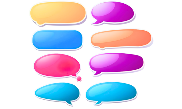 Colorful speech bubble set with white border isolated on a transparent background, Text box, Frame talk, Chat box, Speak balloon, Thinking balloon, Message bubble decoration, PNG.

