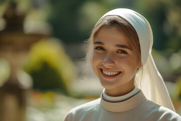 
A beautiful catholic young nun with a kind candid smile against the backdrop of a garden Temple - obrazy, fototapety, plakaty