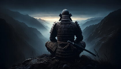 Samurai Armor Against a Mountainous Dawn Horizon, Mystical Sunrise Ambience