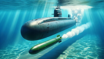 Military Submarine in Deep Ocean Launches Torpedo