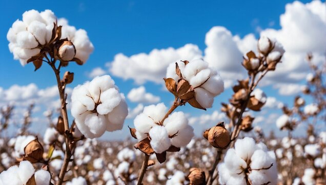 Cotton field plantation , close-up of high-quality cotton against a blue sky

