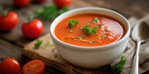Bowl of Tomato Soup on Cutting Board