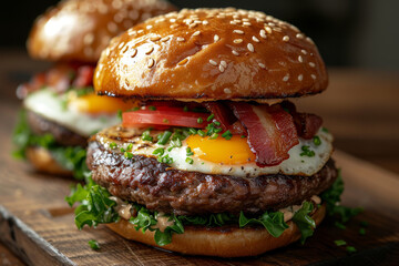 gourmet burger with a sesame bun, bacon, fried egg, and fresh vegetables, presented on a wooden cutting board