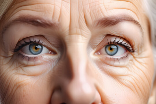Close-up portrait of an elderly womans eyes and eyebrows with wrinkles and crows feet.