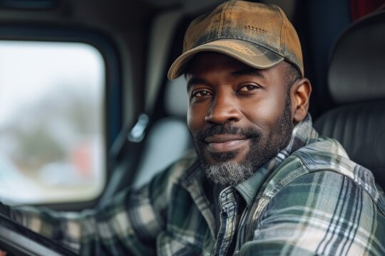 A content black truck driver is seated in his car. Generative Ai.