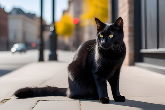 Black cat on sidewalk in front of building on sunny day with short black fur and yellow eyes.