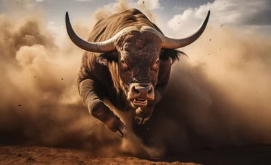 Fototapeten An insane close-up of an enraged, charging bull with dust and motion blur © DB Media