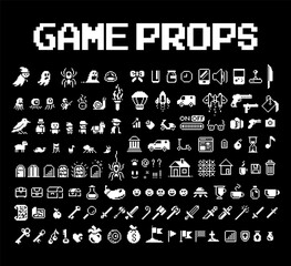 Pixel art icon set, various vector objects. Black and white pixel icons 1-bit, 8-bit. Vector isolated