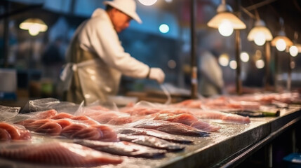 Blurred background of Tsukiji fish market with raw tuna steaks.