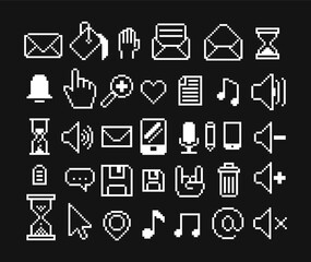 Set of 8-bit pixel icons. Isolated vector illustration. Black and white image. Buttons, computer icons, musical notes, cursor and letters